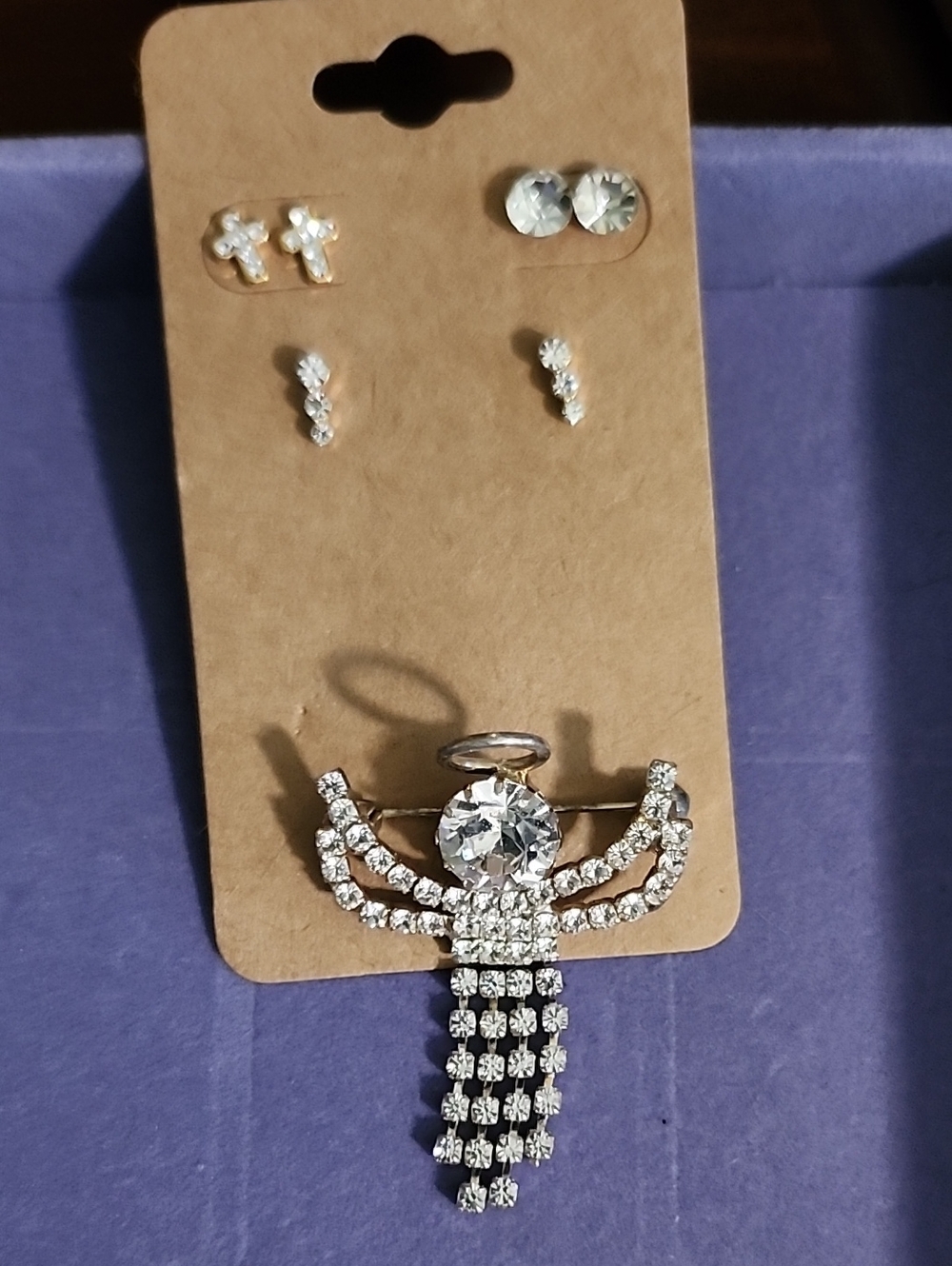 Rhinestone Angel Brooch and Earring Set - Silver Clear Crystal